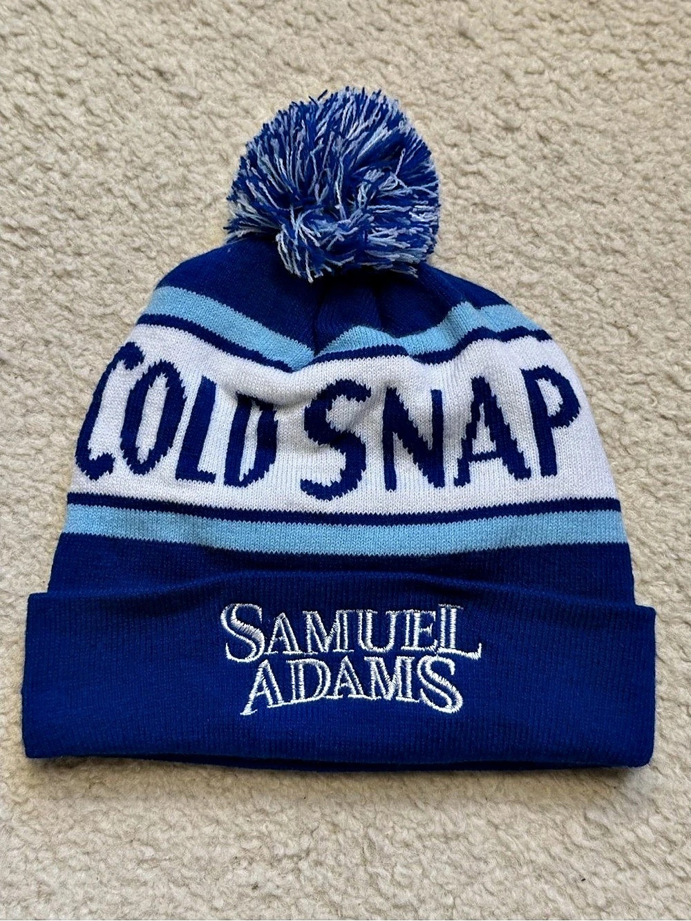 Samuel Adams Cold Snap Beanie Hat Blue White Pom Pom Knit Winter